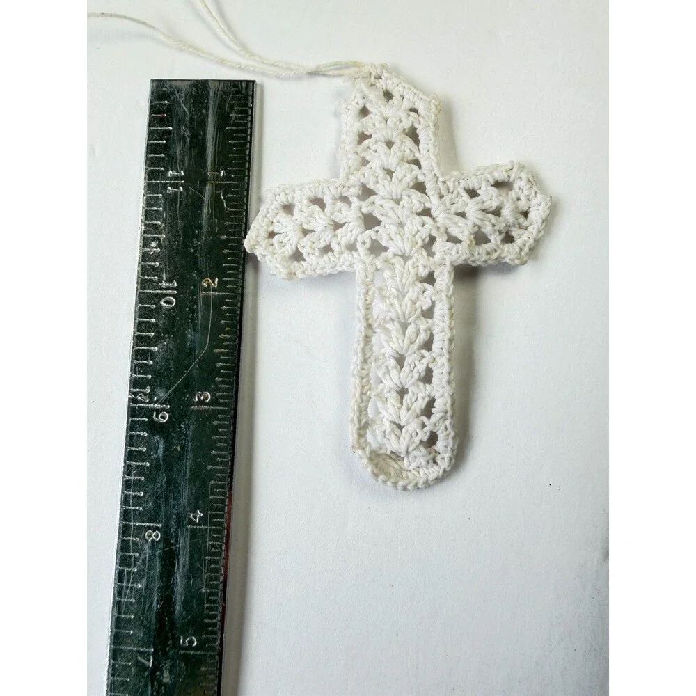 Vintage 1970s Handmade Crocheted Cross Ornaments White Cotton Lace Set of 2